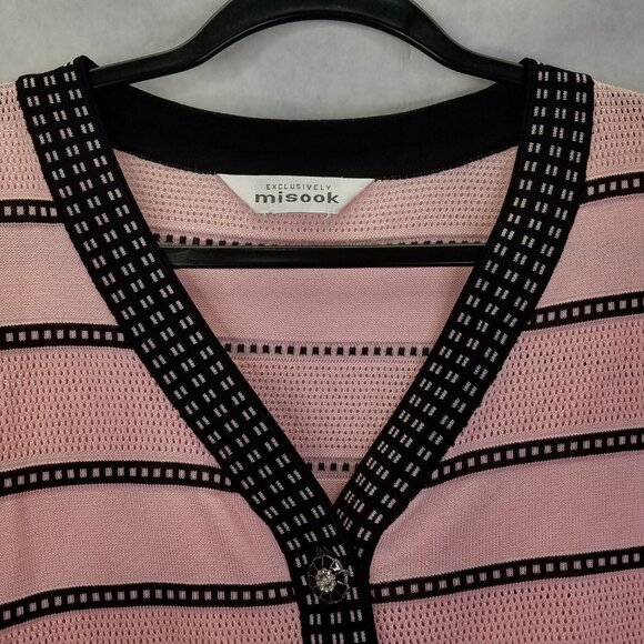 Misook Cardigan Women's L Ribbed Mesh Long Sleeve Button Front Pink Black Stripe - Picture 2 of 12